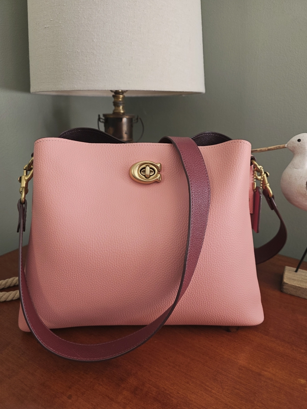 Coach C2590 Willow Shoulder Bag Colorblock Pink Burgundy Leather Purse